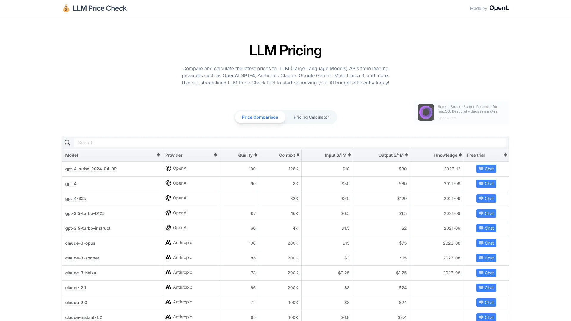 LLM Price Check - AI Tool Ocean
